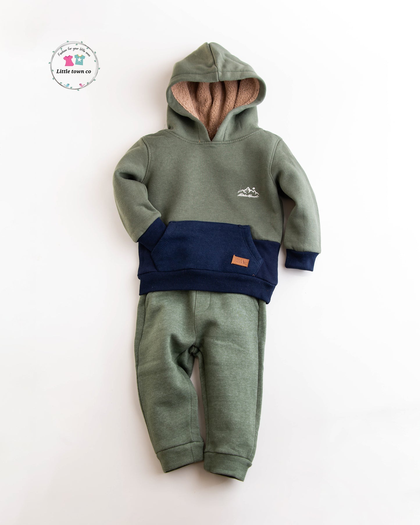 EB Green & Navy Blue Tracksuit for kids with fur hoodie