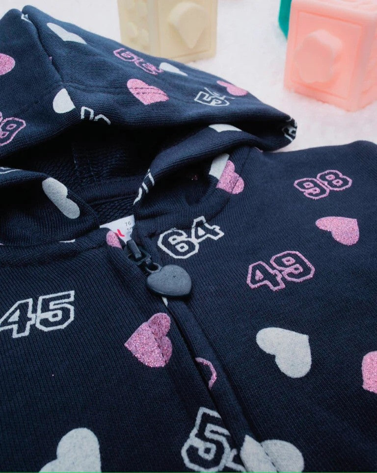 PRNT Glitter Hearts Print Navy Blue Zipper Hoodie