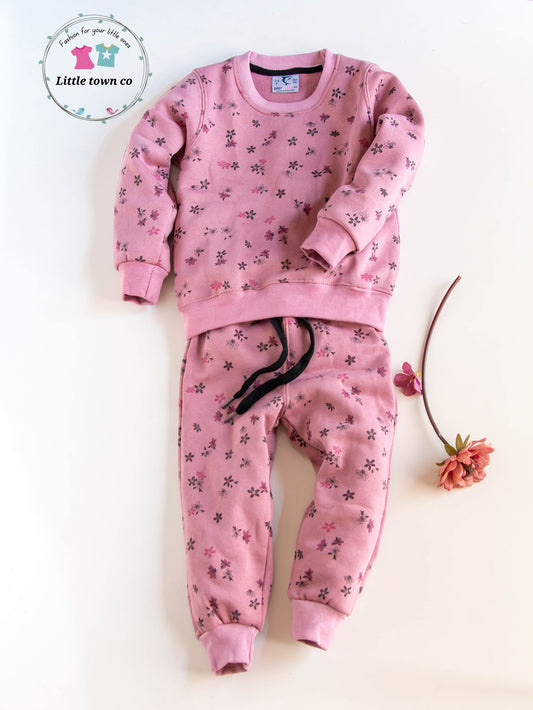 Tea pink flowers print fleece tracksuit for girls