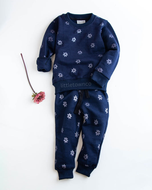 Navy blue fleece tracksuit with glittered flowers