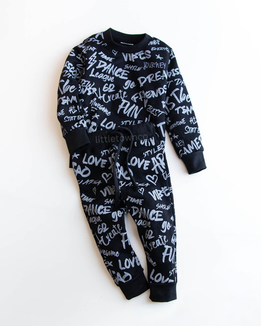 Black colour fleece tracksuit with grey text