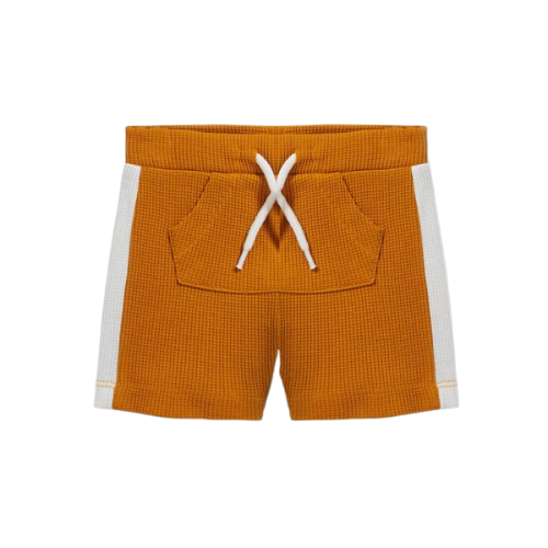 CA ORANGE WAFFLE SHORT with a waffle texture and kangaroo pocket and white Cord