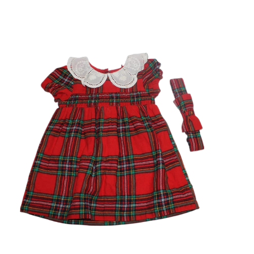 Red Tartan Flannel Dress with Head Band & tights