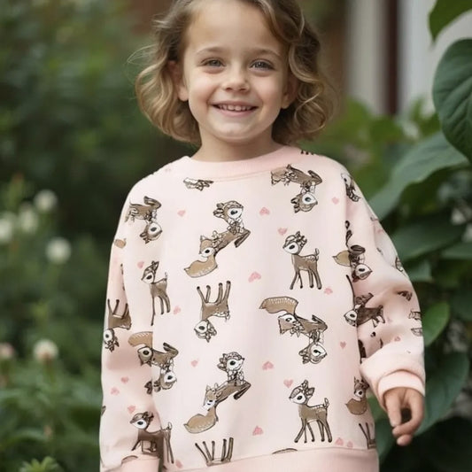 Deer and hearts glitter print dropped shoulders terry sweatshirt - Dopodopo